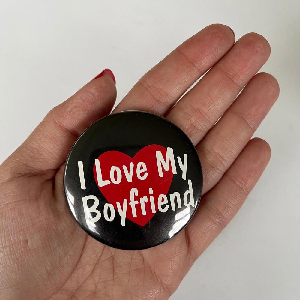 Vintage "I Love My Boyfriend" Button, Black with Red Heart